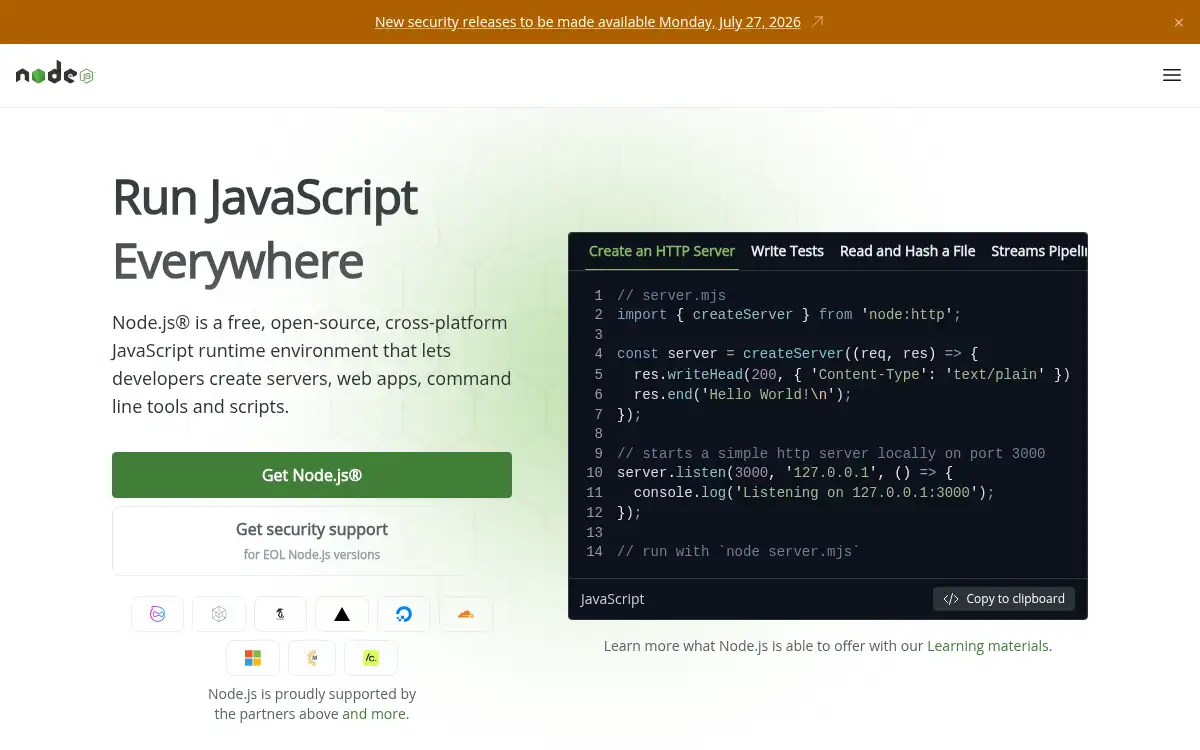 www.nodejs.org screenshot