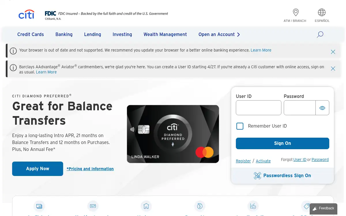 www.citi.com screenshot