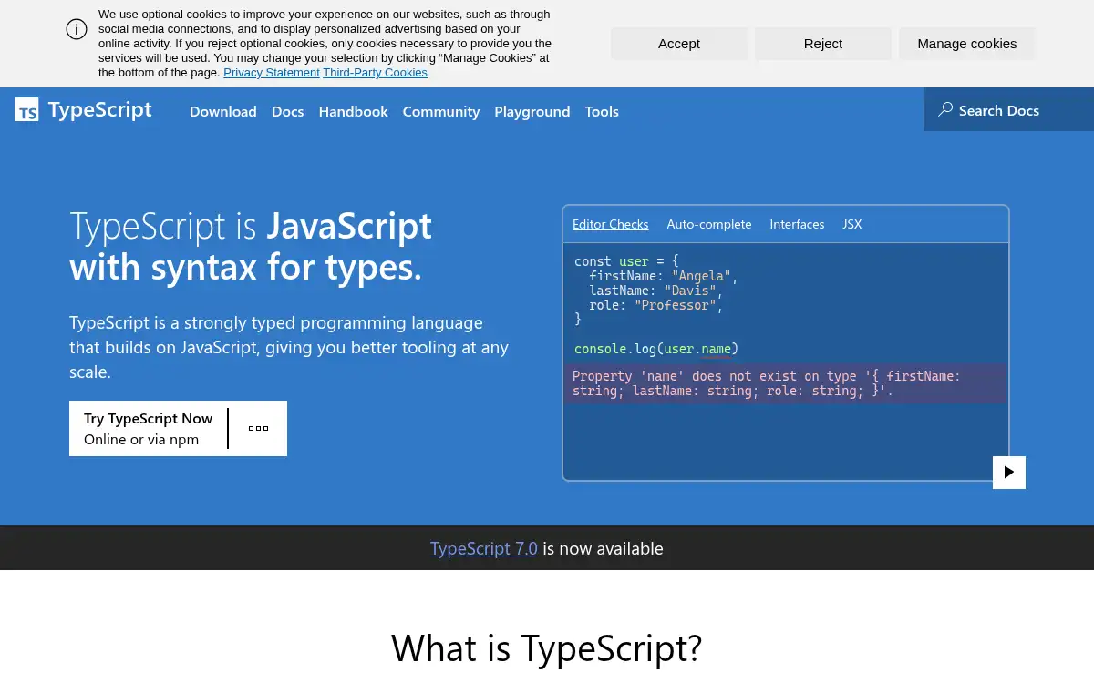 www.typescriptlang.org screenshot