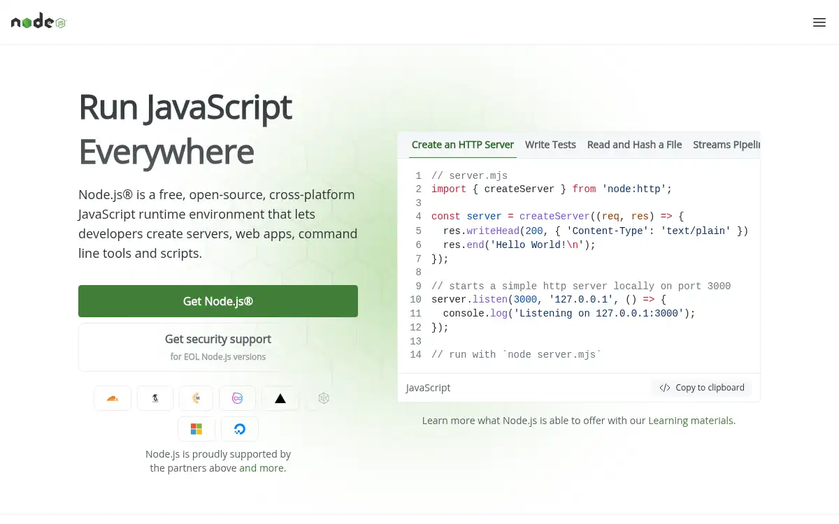 www.nodejs.org screenshot